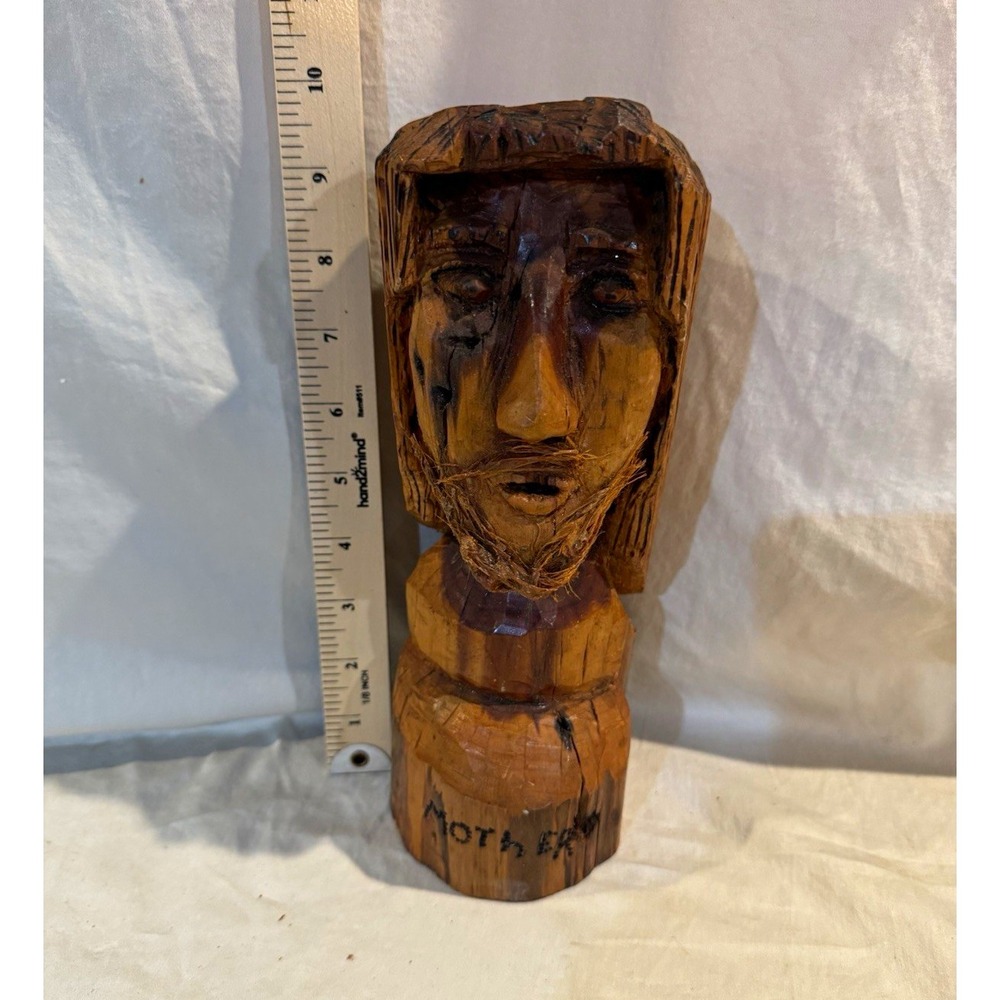 Hand Carved Wood Bearded Man Head Bust Sculpture 10 Inch Tall